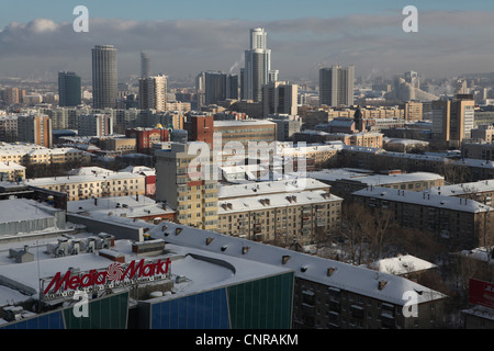 Panoramic view of Yekaterinburg, Russia, with modern skyscrapers and Soviet era dwelling blocks. Stock Photo