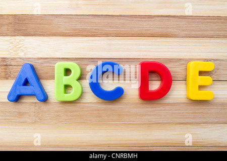 Letter magnets 'ABCDE' closeup on wood background Stock Photo