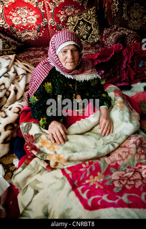 The old lady of Awarta, who sleeps only with her photos of martyrs., the old lady in her bed, in the middle of the rom. Stock Photo