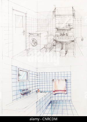 interior hand drawn perspetive of an apartment bathroom Stock Photo