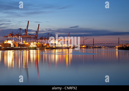 Container Terminal Altenwerder and Koehlbrand Bridge, Harbour, Hamburg, Germany Stock Photo