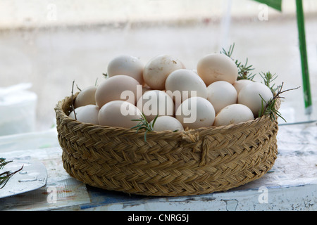 Fresh eggs in basket Stock Photo