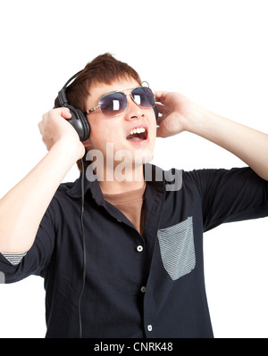 portrait of young man with glasses and headphones isolated on white Stock Photo