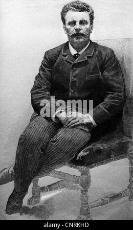 Maupassant, Guy de, 5.8.1850 - 7.7.1893, French writer, full length, drawing after photo by Roger Villet, Stock Photo