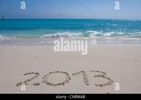 Year 2013 hand written on the white sand in front of the sea Stock Photo