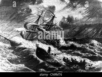 transport / transportation, navigation, disaster, the English brig 'Penscher' in distress at sea, Langeoog Isle, Eastern Friesland, 7.11.1864, contemporary wood engraving, Additional-Rights-Clearences-Not Available Stock Photo