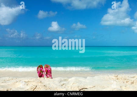Pair of colored sandals on a white sand beach in front of the sea. The right place for relaxation and vacations Stock Photo