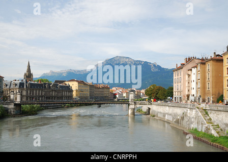 View of Grenoble with the wide river Isere. Stock Photo