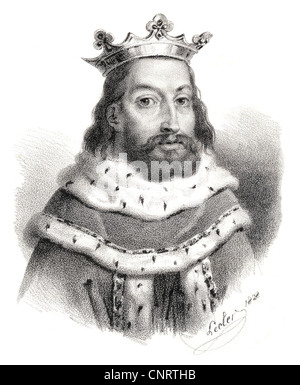 Sancho II or Dom Sancho II o Capelo, the fourth King of Portugal from the House of Burgundy, 13th Century, Historic steel engrav