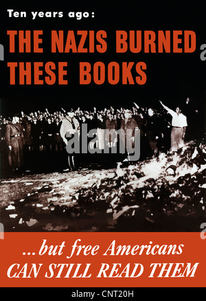 This vintage World War II poster features Nazis at a book burning. Stock Photo