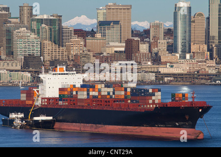 Container ship anchored off of Seattle, Washington Stock Photo