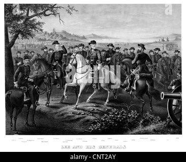 Digitally restored Civil War print showing General Lee and other prominent Confederate Generals of the Civil War on horseback. Stock Photo
