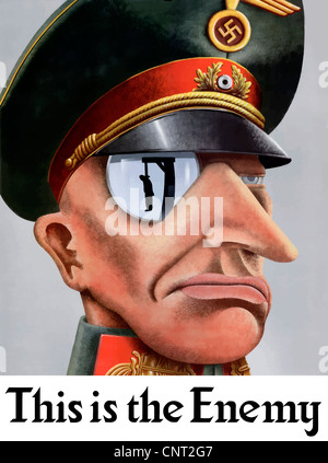 This vintage World War II poster features the face of a German Officer wearing a monocle. Stock Photo