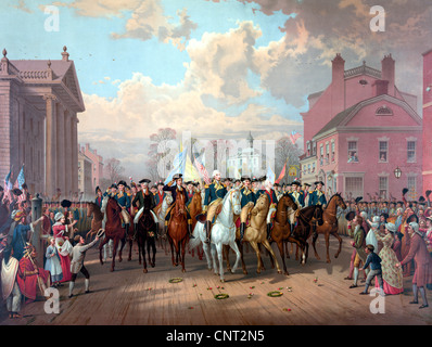 Digitally restored Revolutionary War painting of General George Washington and his men. Stock Photo