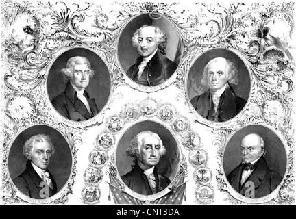 Vintage American history print showing the first six Presidents of The United States of America. Stock Photo