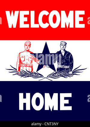 Vintage World War I poster of a soldier and a sailor holding a star. It reads, Welcome Home. Stock Photo