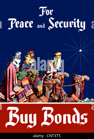 Vintage World War II poster featuring the three wise men riding camels towards the Christmas star. Stock Photo