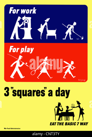 Vintage World War II poster showing silhouettes of people working, playing recreational games, and eating at a table. Stock Photo