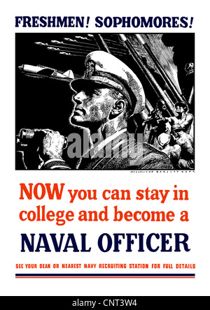 Vintage World War II poster of a U.S. Naval Officer holding binoculars. Stock Photo