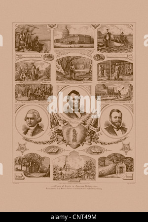 Vintage American history print featuring pictures of Presidents Ulysses S. Grant, Abraham Lincoln, and George Washington. Stock Photo