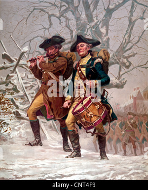 Vintage Revolutionary War Print of American minutemen being led into battle by a drummer and a soldier playing a flute. Stock Photo