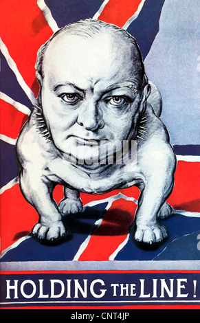 Vintage World War II poster of Winston Churchill as a bulldog and the British flag. It declares, Holding The Line! Stock Photo