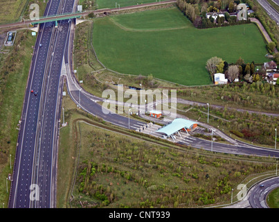 aerial view of toll booths on the M6 Toll road motorway at Shenstone, Lichfield WS14 0QP Stock Photo