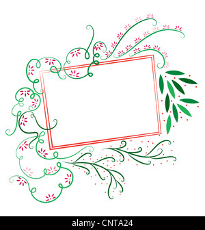 An Illustrated decorative template, with swirl, leaf, and flowers surrounding the rectangular box. Stock Photo