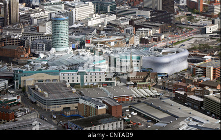 Aerial view of Birmingham City Centre skyline including The Bull Ring, Selfridges and St. Martin in the Bull Ring Church Stock Photo