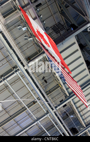 American flag and Canadian flag hanging side by side, low angle view Stock Photo