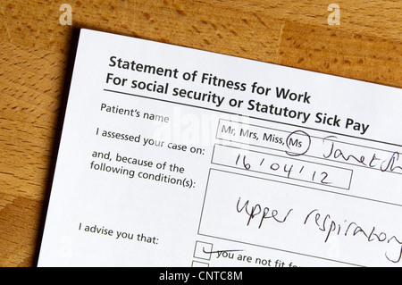 A Doctor's certificate signing someone off work. Stock Photo
