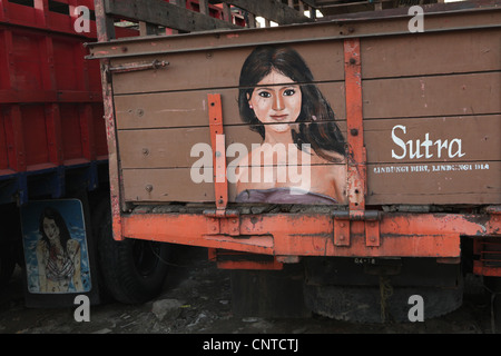 Female portraits at the back of Indonesian trucks in Old Batavia in Jakarta, Indonesia. Stock Photo