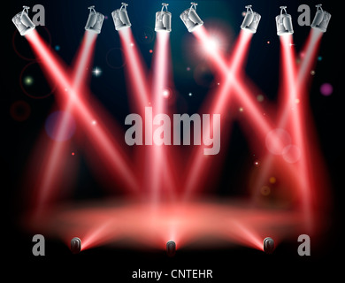 A red spotlight background concept with lots of lights, spotlights in a light show or a dramatic theatre stage performance Stock Photo