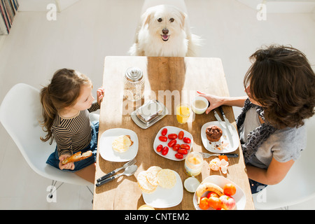 Mother and daughter at table with dog Stock Photo