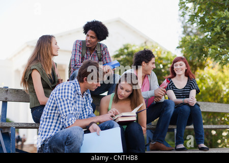 Students studying together on campus Stock Photo
