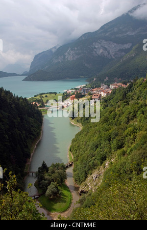 lake Lago di Molveno in the mountains, Gruppo di Brenta, Italy, South Tyrol, Molveno Stock Photo