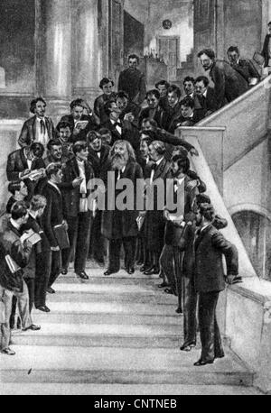 Mendeleev, Dmitri Ivanovich, 8.2.1834 - 2.2.1907, Russian chemist (inventor of the periodic table of elements), group picture, with students, drawing, Stock Photo