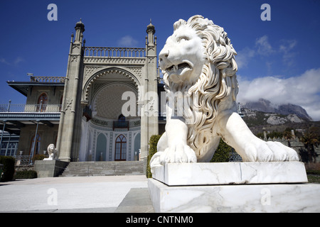 WHITE MARBLE LION AT VORONTSOV PALACE ALUPKA CRIMEA UKRAINE 03 April 2012 Stock Photo