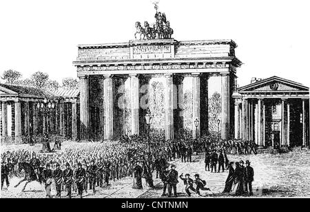 geography / travel, Germany, Berlin, Brandenburg Gate, built 1788 - 1791 by Carl Gotthard Langhans, wood engraving, late 19th century, scene: soldiers return from the changing of the guard at the castle, military, Prussia, ceremony, ceremonies, 18th century, gate, gates, soldier, soldiers, Central Europe, Europe, building, buildings, architecture, historic, historical, people, Additional-Rights-Clearences-Not Available Stock Photo