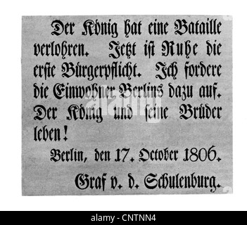 events, War of the Fourth Coalition 1806/1807, proclamation after the Prussian defeat at Jena and Auerstedt, 'The king has lost a battle', Berlin, 17.10.1806, Additional-Rights-Clearences-Not Available Stock Photo