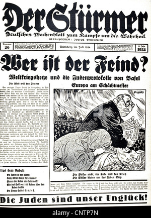 National Socialism / Nazism, propaganda, press / media, 'Der Stuermer', No. 29, July 1934, front page, headline: 'Who is the enemy?', caricature: 'Europe under the butcher knife', drawing by Fips, , Additional-Rights-Clearences-Not Available Stock Photo