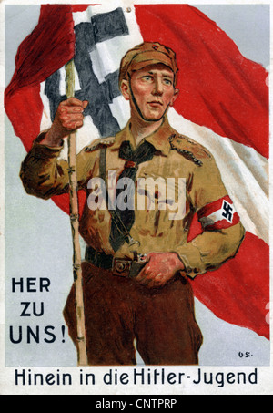 Nazism / National Socialism, organization, Hitler Youth (HJ), postcard, 'Her zu uns! Hinein in die Hitler-Jugend' (Come to us! Join the Hitler Youth!), printed in Munich, 1932, Additional-Rights-Clearences-Not Available Stock Photo