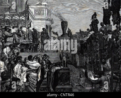 Roman Emperor Nero burning Christians as torches. Hand-colored Stock ...