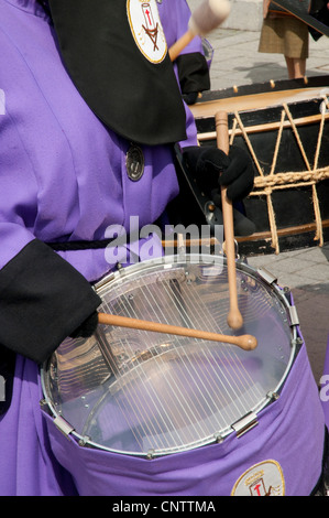 Woman playing the drum, La Soledad procession, Holy Week. Plaza de Oriente, Madrid, Spain. Stock Photo