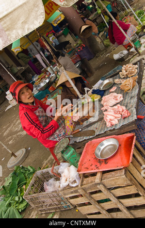 Horizontal portrait two women at a stall selling cuts of meat in a typical wet market in a rural village in Vietnam. Stock Photo