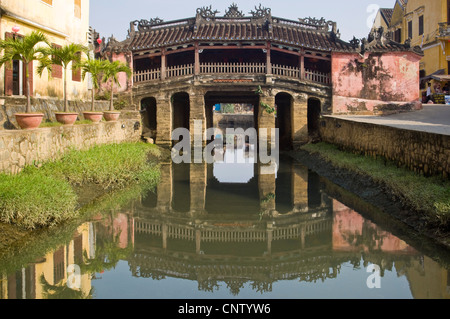 Horizontal close up view of the old Japanese Bridge, Chùa Cầu, in the centre of Hoi An Old Town, Vietnam. Stock Photo