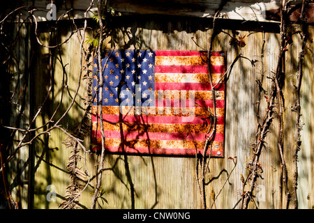 A rusty metal sign with the United States flag on an old wooden door Stock Photo