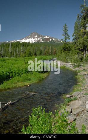 Fall Creek flows from the slopes of Broken Top in this view at Sparks Lake, on Century Drive near Bend, Oregon Stock Photo