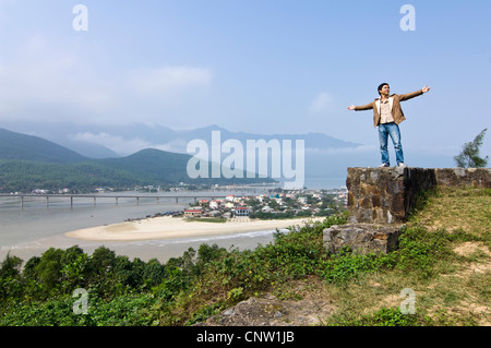 Horizontal wide angle view from the Hải Vân Pass of Hai Van Peninsula and Son Tra Island in the South China Sea, Vietnam on a sunny day Stock Photo