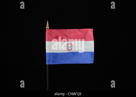 The national flag of the Republic of Paraguay on a black background (obverse view). Stock Photo